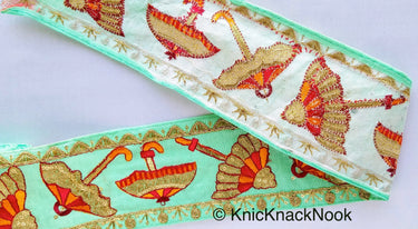 Pink / Peach / Beige / Green Art Silk Fabric Trim With Orange, Red & Gold Embroidered Umbrellas And Gold Sequins, Approx. 88mm wide